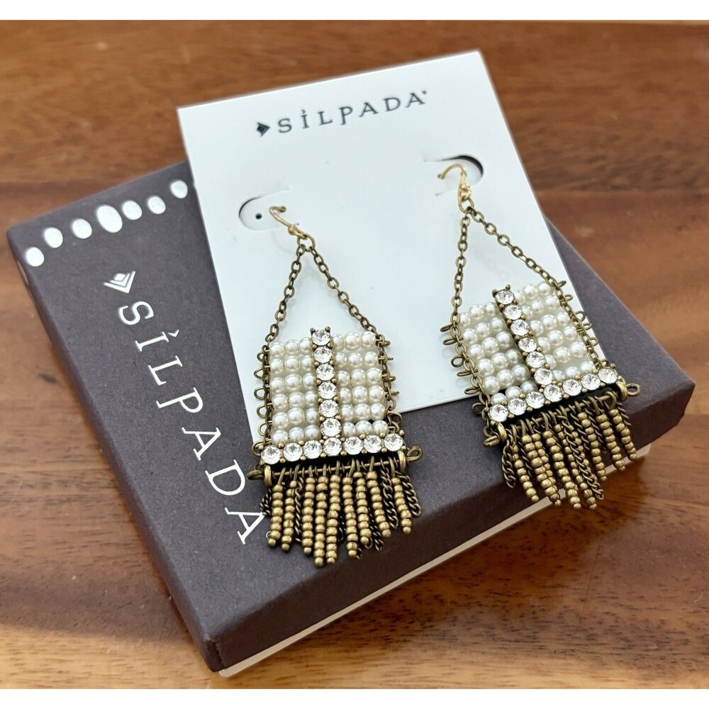 SILPADA “Abacus” Dangle Earrings - Brass Pearl Swarovski Crystal - KRW0027 - NWT